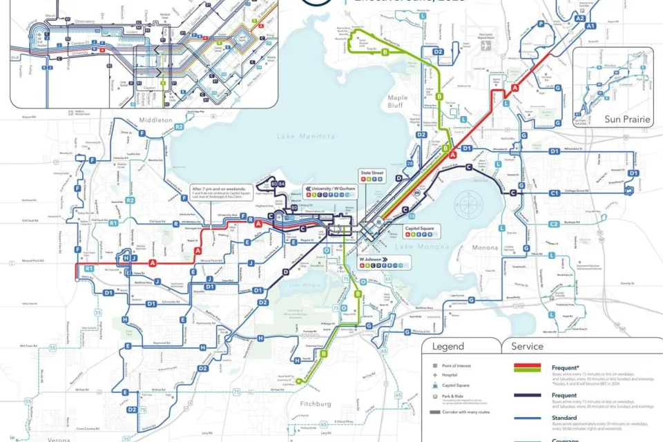 A map of the city of Madison’s public transit routes.